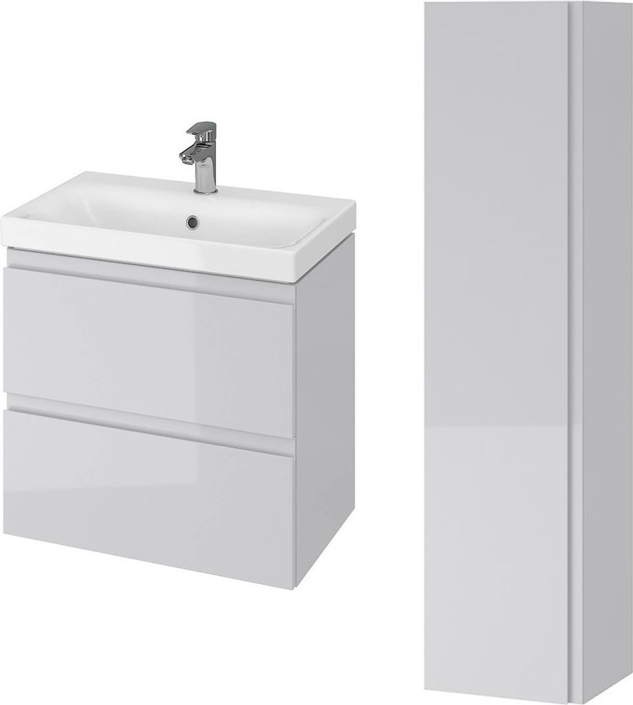 BADLAND Badmöbel Set MODUO SLIM 60 Waschbecken-Unterschrank, Hochschrank 160x40x34, Türen mit Spiegel, Grau