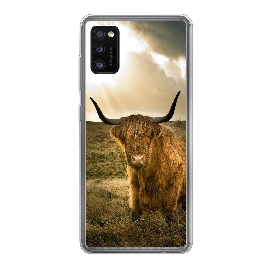 MuchoWow Handyhülle Schutzhülle Hülle für Samsung Galaxy A41 Schottischer Hochländer - Sonne - Tiere Silikon Softcase Handy Hülle - Mobilte...