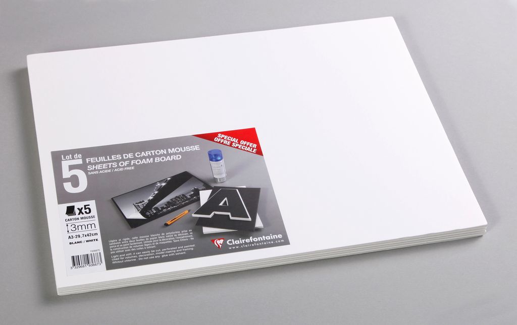 Clairefontaine Schaumkarton 3,0 mm DIN A3 5 Bogen - Weiß 193667C