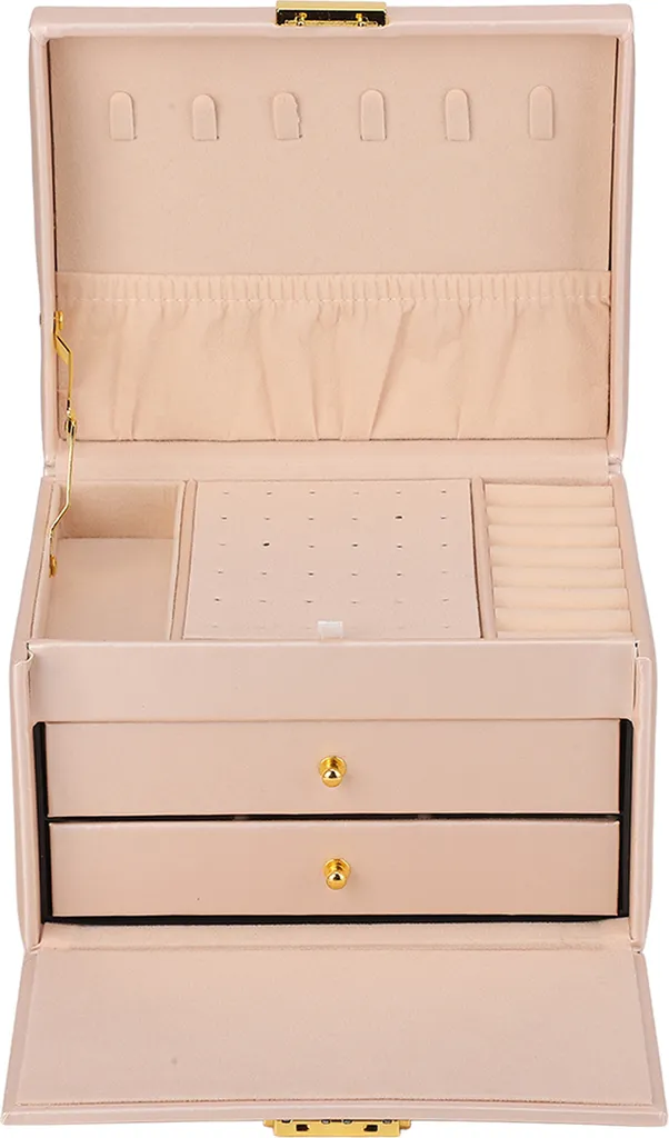 Boîte à Bijoux 3 Couches en Cuir PU avec Serrure pour Bagues et Colliers