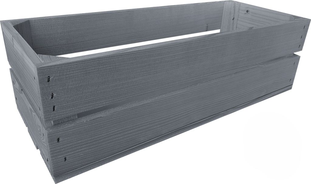 A gray wooden crate is shown against a white background.