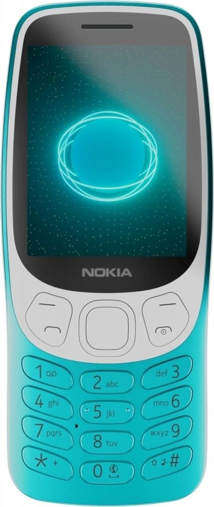 A front view of a turquoise Nokia feature phone.