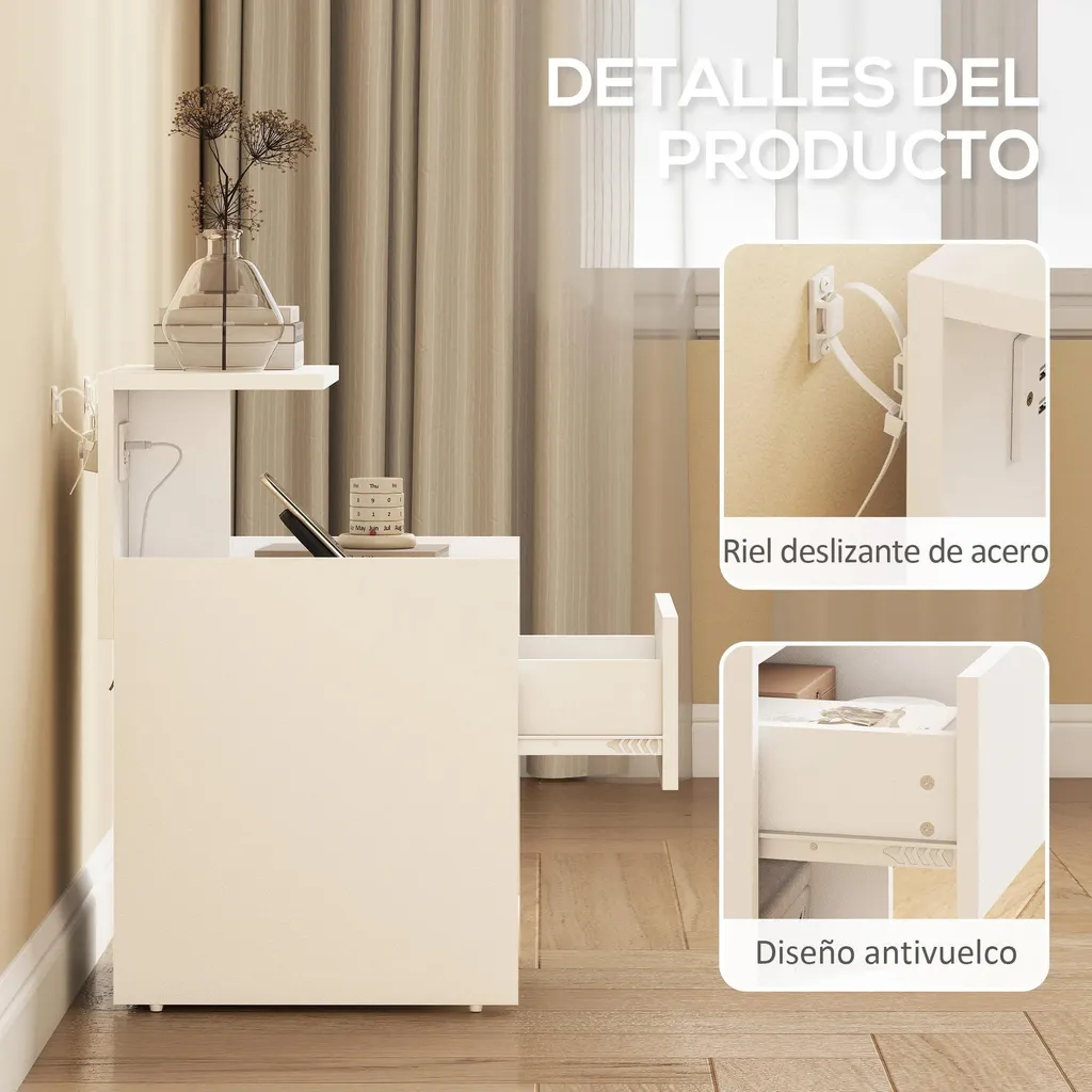 Commode de nuit blanche avec prise USB et rangement ouvert style moderne