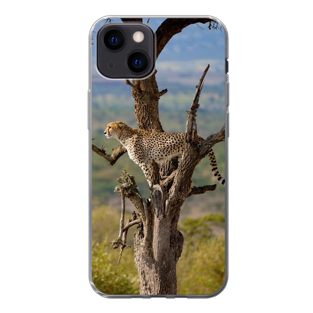 MuchoWow Handyhülle Schutzhülle Hülle für iPhone 13 mini Leopard - Baum - Tier Silikon Softcase Handy Hülle - Softcase