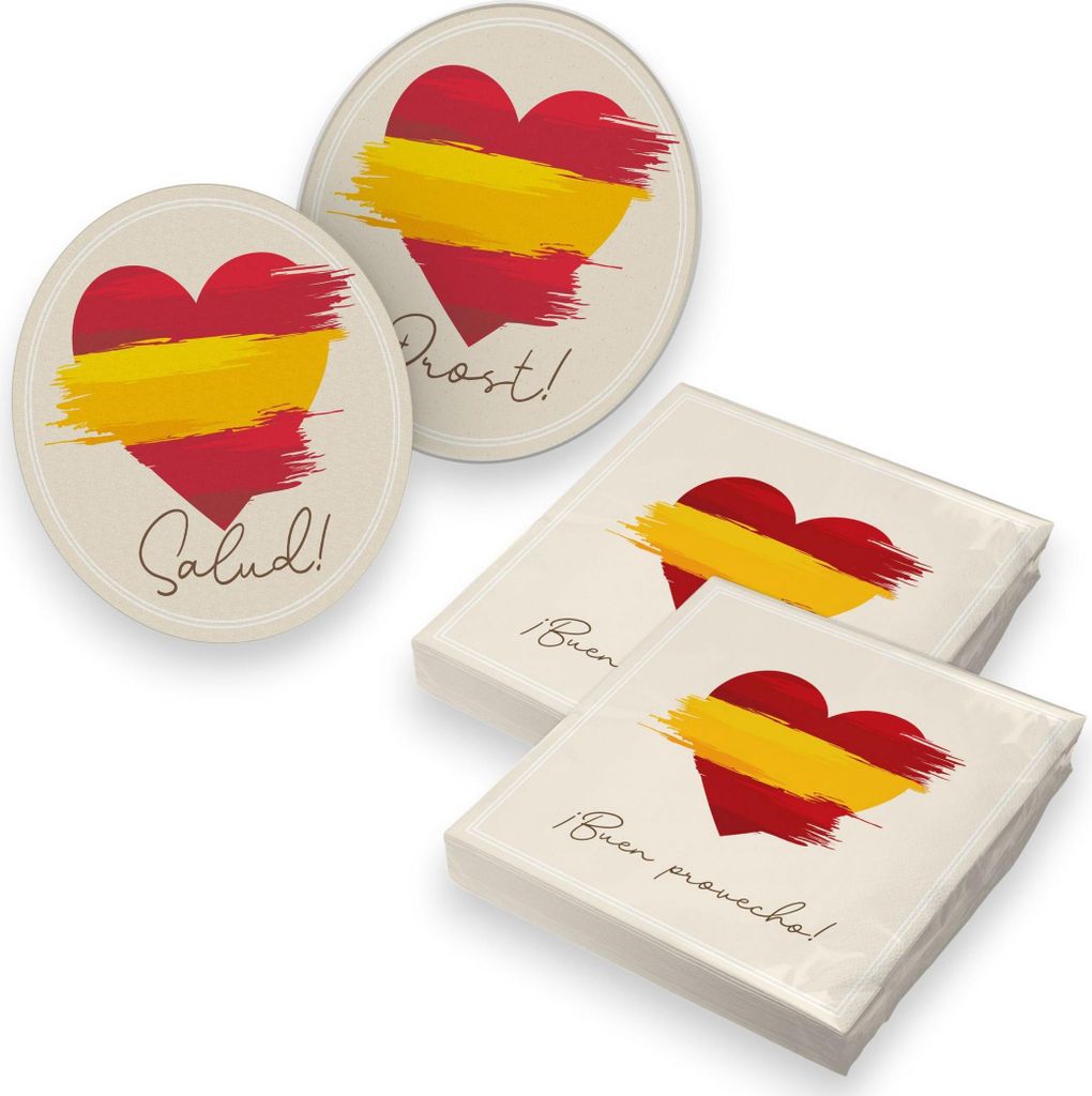 itenga 40x Servietten mit 40x Bierdeckel - Spanien - Flagge - Herz