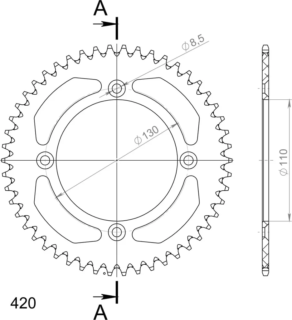 Couronne Supersprox Alu 420 50 dents RAL-209-50-BLK ID 110 LK 130 4 trous