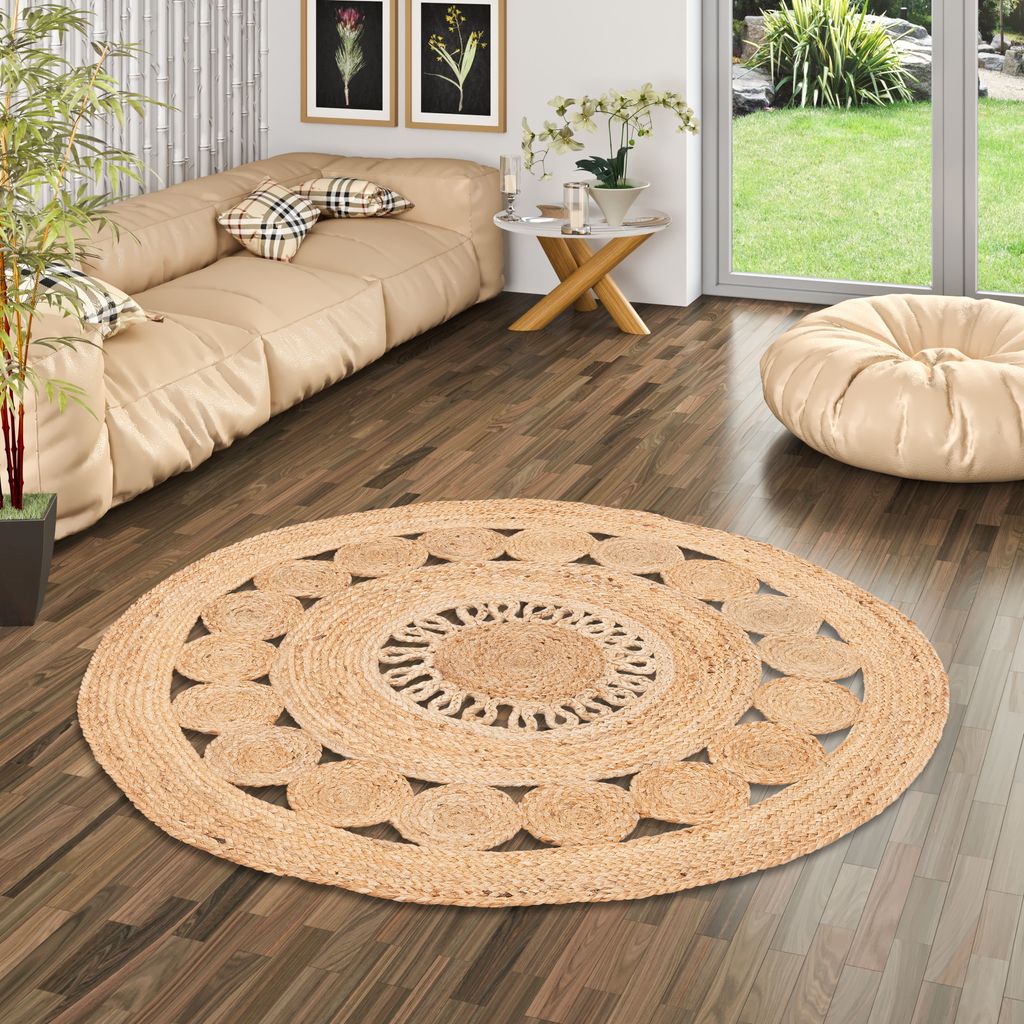 Naturfaser Handgefertigt Jute Teppich Geflochten Pia Rund, Größe:120 cm Rund