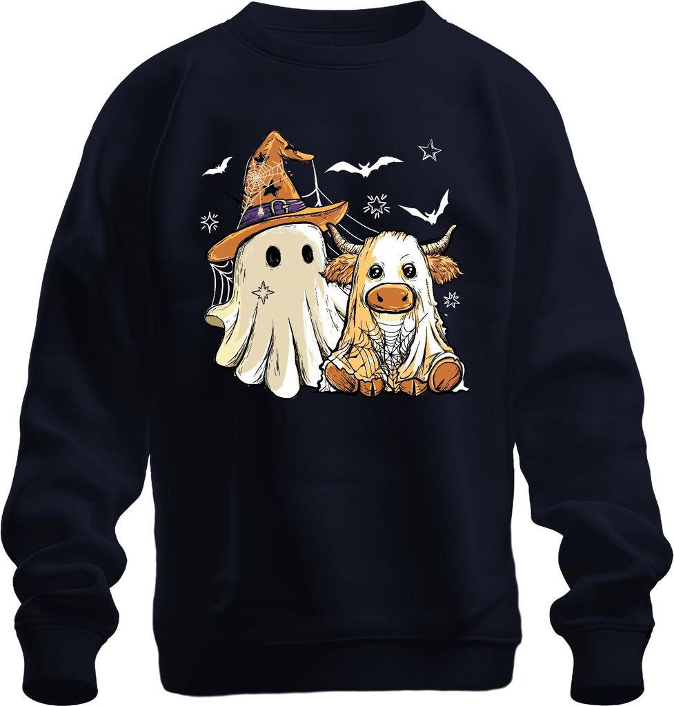 Halloween Kuh Geist süßes Kostüm Spinnennetz Hexenhut Cartoon Uni Sweatshirt Pullover, Navy, XXL