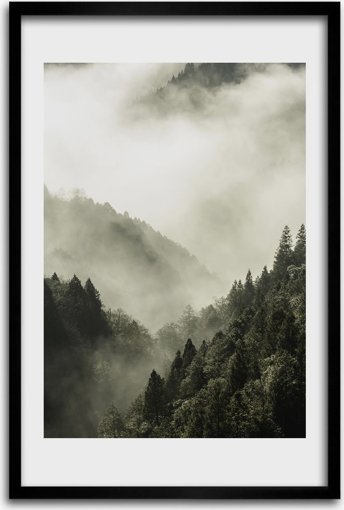 Bild - Bilderrahmen - 40 cm x 60 cm - MDF - Rahmen - Wandkunst - Nebel über dem Wald