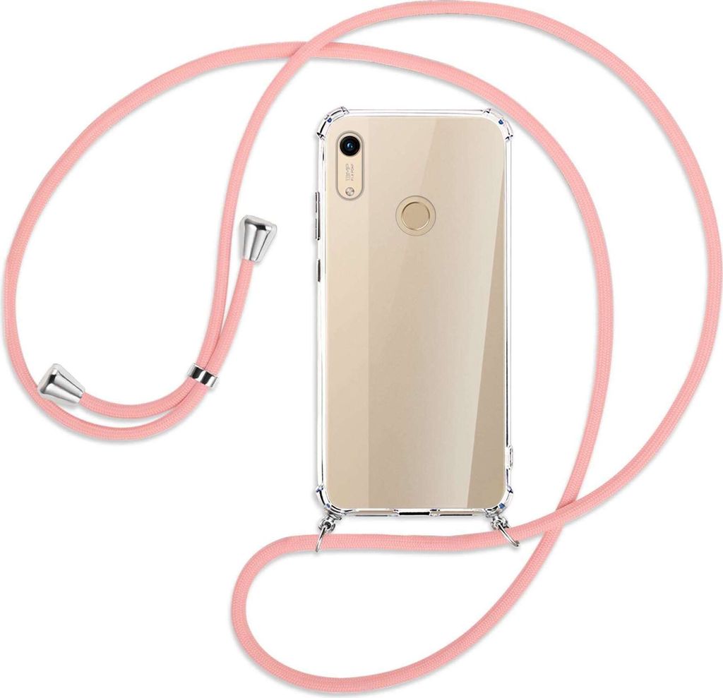 Handykette Backcover-Schutzhülle mit Band (Metall silberfarben) für Honor 8A / Huawei Y6s 2019 - rosa