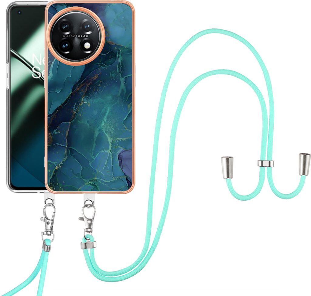 OnePlus 11 Handykette Hülle, Muster TPU Bumper Schutzhülle mit verstellbarem Tragegurt für OnePlus 11 Grün