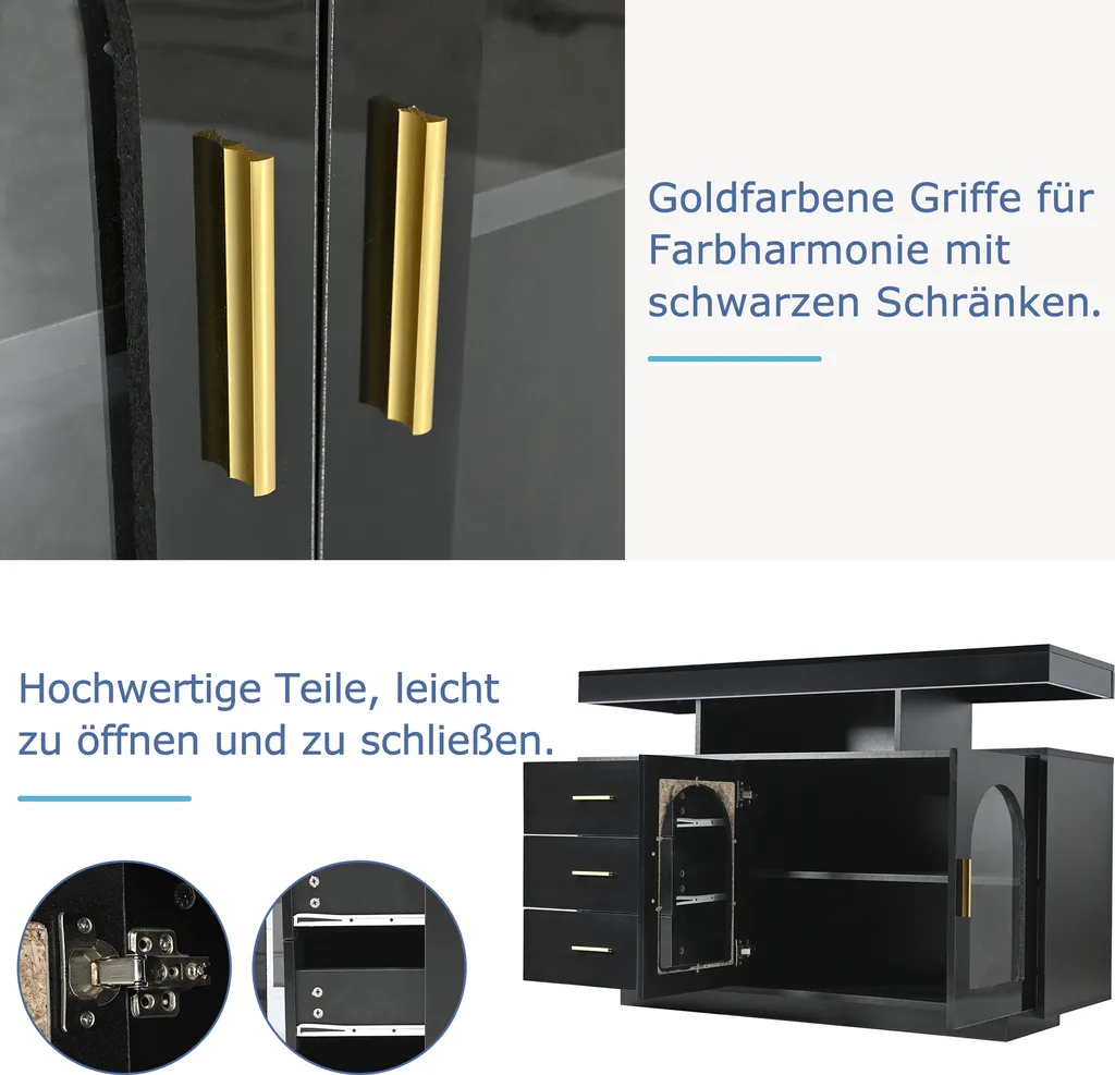 Commode de Salon Façade Brillante Noire avec LED Intégrées et Tiroirs