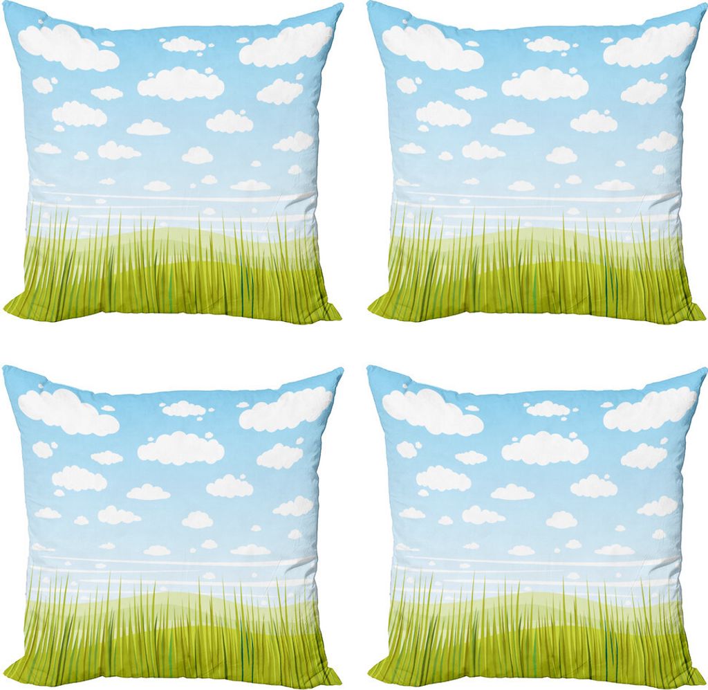 ABAKUHAUS Gras Kissenbezug Set (4 Stück), Gras und Wolken Landschaft, Moderner Doppelseitiger Digitaldruck, 50 cm x 50 cm, Hellblau und Hellgrün