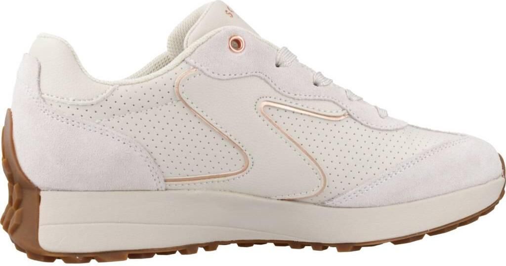 A side view of a single white sneaker with brown accents.
