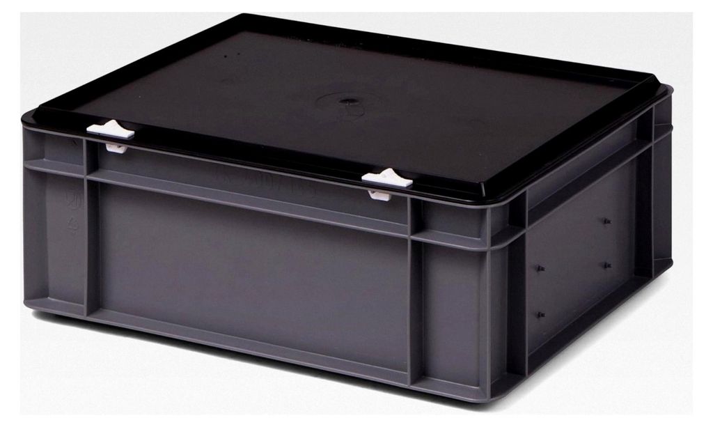 Stapelbox aus Kunststoff, grau, mit Deckel, 400x300x156 mm (LxBxH), stabile Industrie-Ausführung