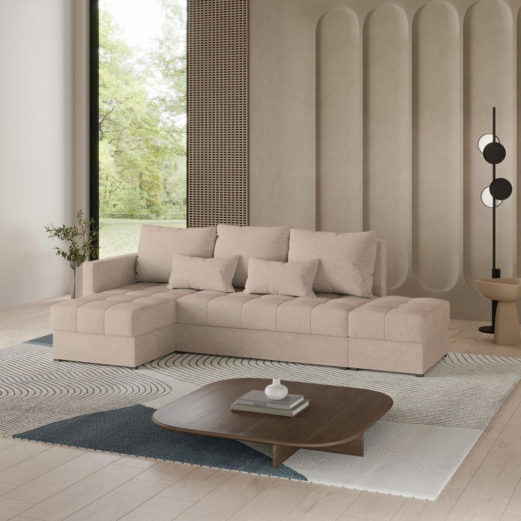 Masseno Ecksofa LUMARI L-S mit Schlaffunktion L-Form, Sofa mit Bettkasten, Wohnzimmersofa, Couch, Soffa, Bettsofa, Couchgarnitur- Beige, NEVE 04