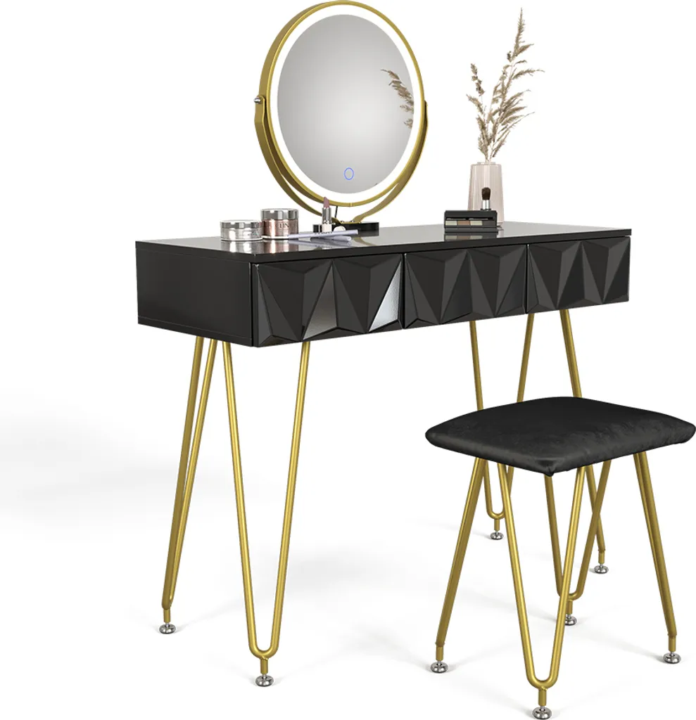 Coiffeuse Vicco Ruby Noir 100cm avec Miroir LED et Tabouret Model 40224