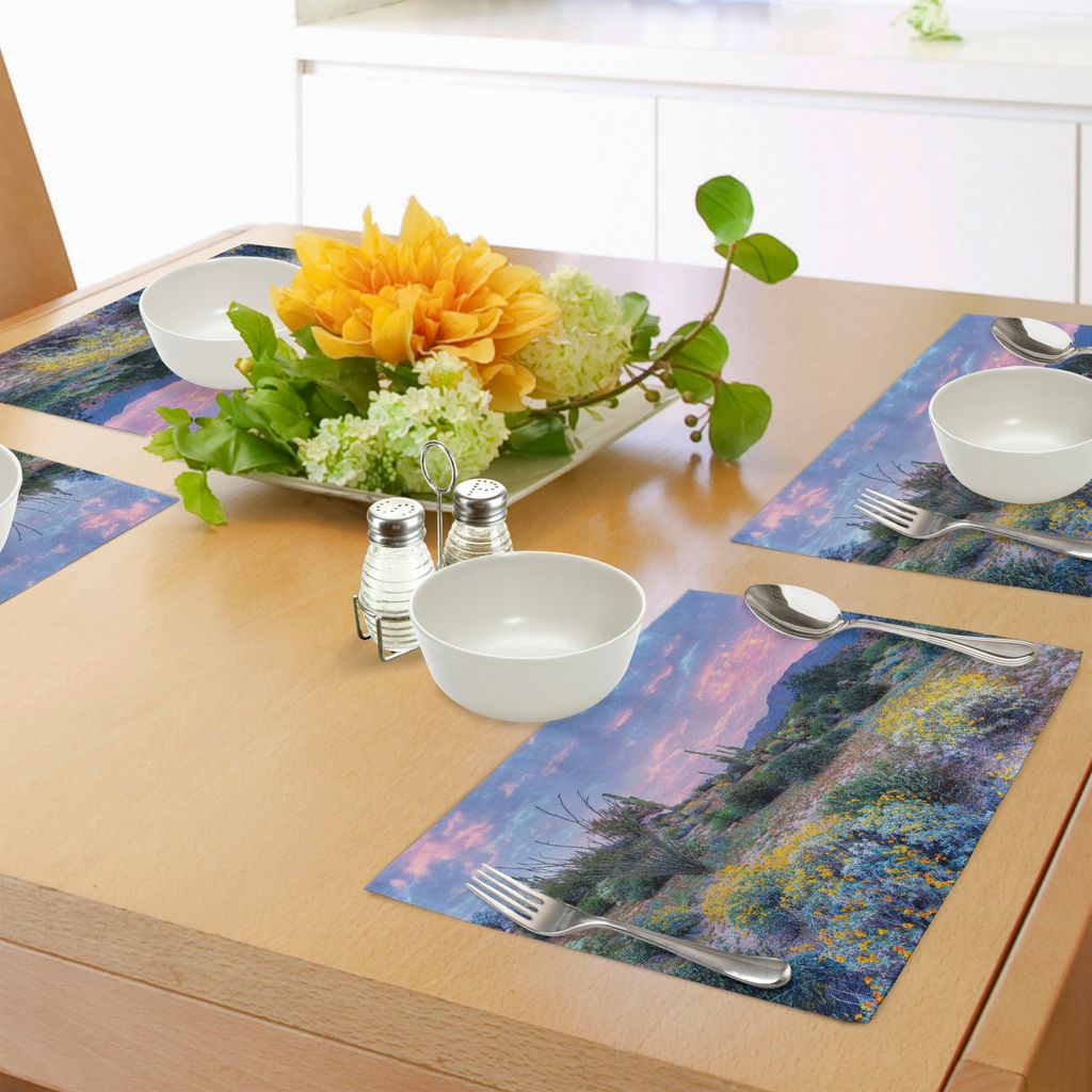 ABAKUHAUS Kaktus Platzmatten, Sonnenuntergang in einem Berg mit Sonne strahlt Wolken-Büsche und farbigen Blumen-Foto-Druck aus, Tiscjdeco aus Farb...