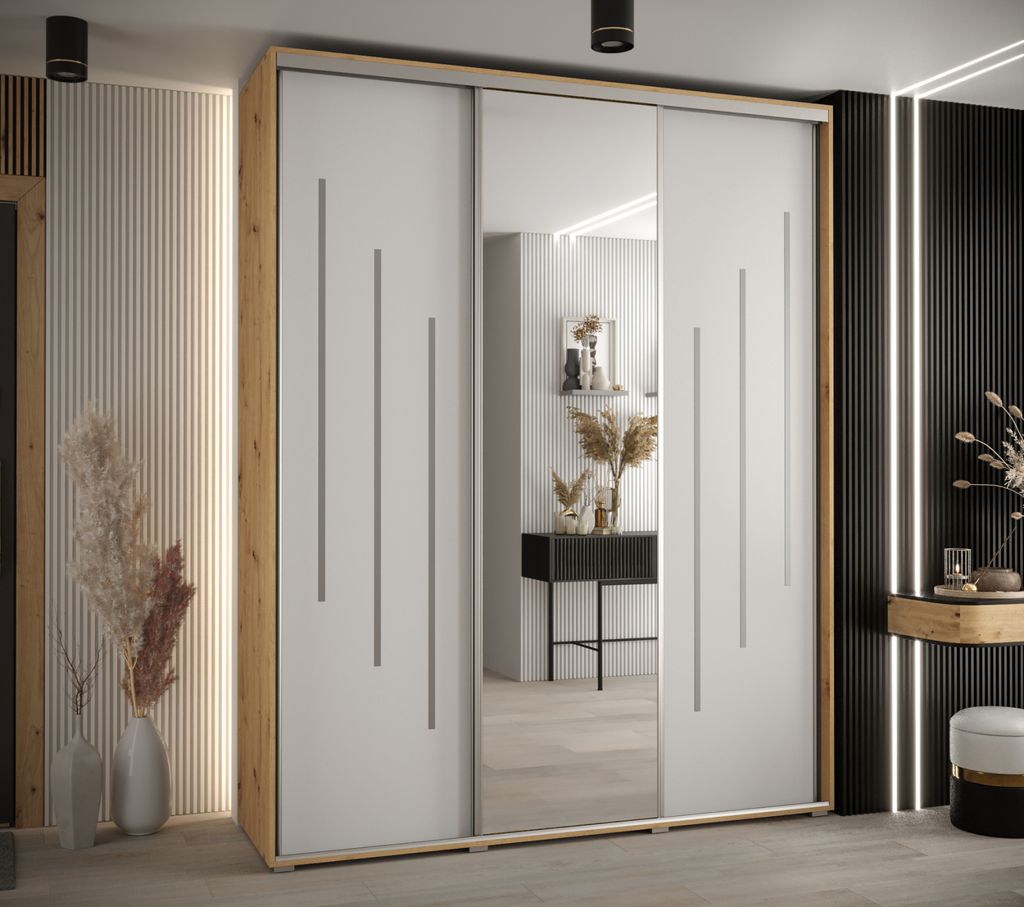 Kleiderschrank ASIRI 9 - 190/60 cm, Artisan-Eiche / Weiß / Silber