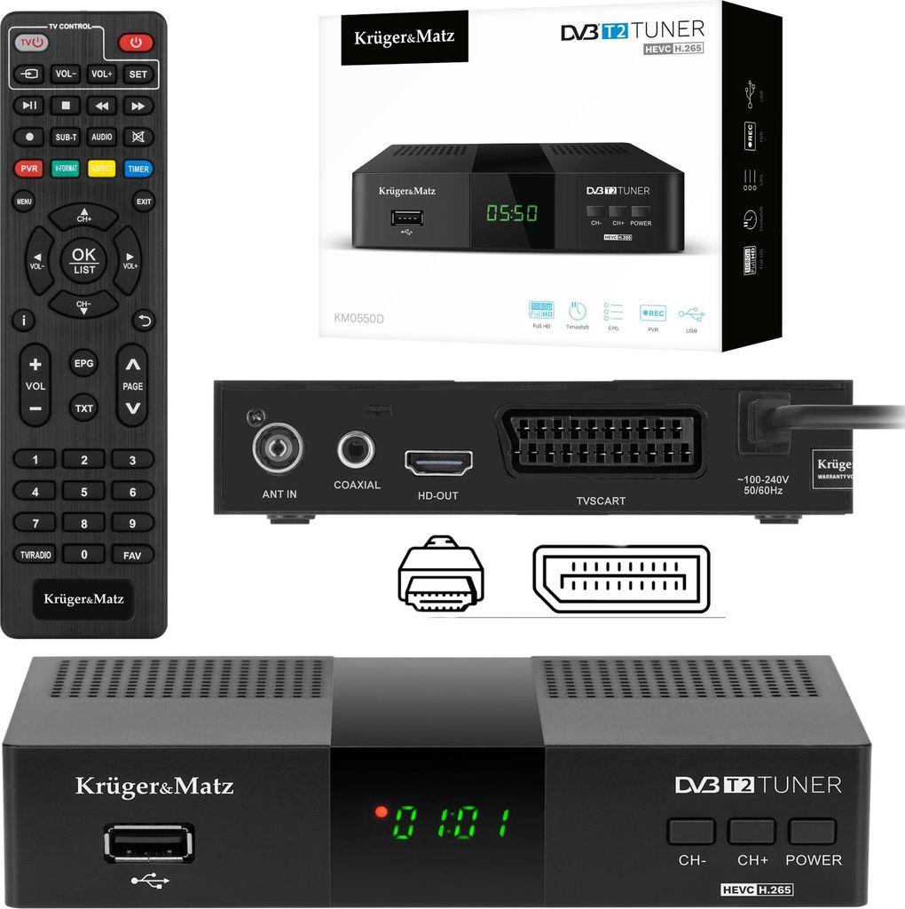 Kruger&Matz DVB-T2 H.265 Decoder mit HDMI & USB Produktbild 