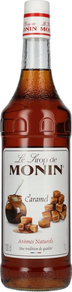 A bottle of Monin Caramel syrup.