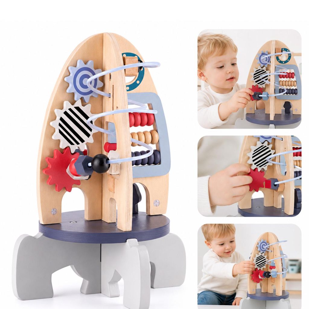Montessori Holzspielzeug Rakete für Kinder ab 1 Jahr – Motorikspielzeug mit Perlenlabyrinth, Zahnrädern & Lernspiel zur Frühförderung