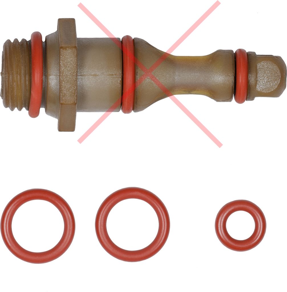 A tan valve stem with red o-rings, and three red o-rings of different sizes below it.