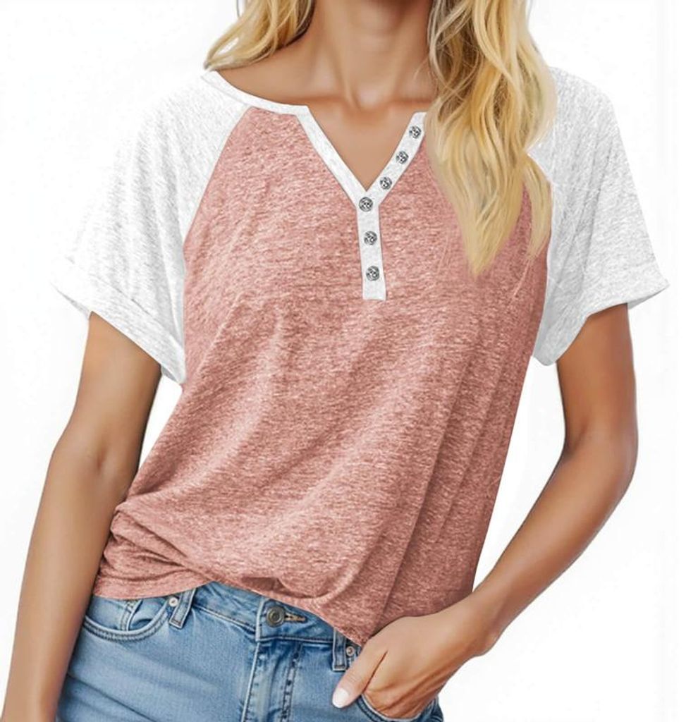 Kurzarm-Sommer-T-Shirt für Damen, Henley-Kragen, kontrastierende Raglanärmel,Größe:L