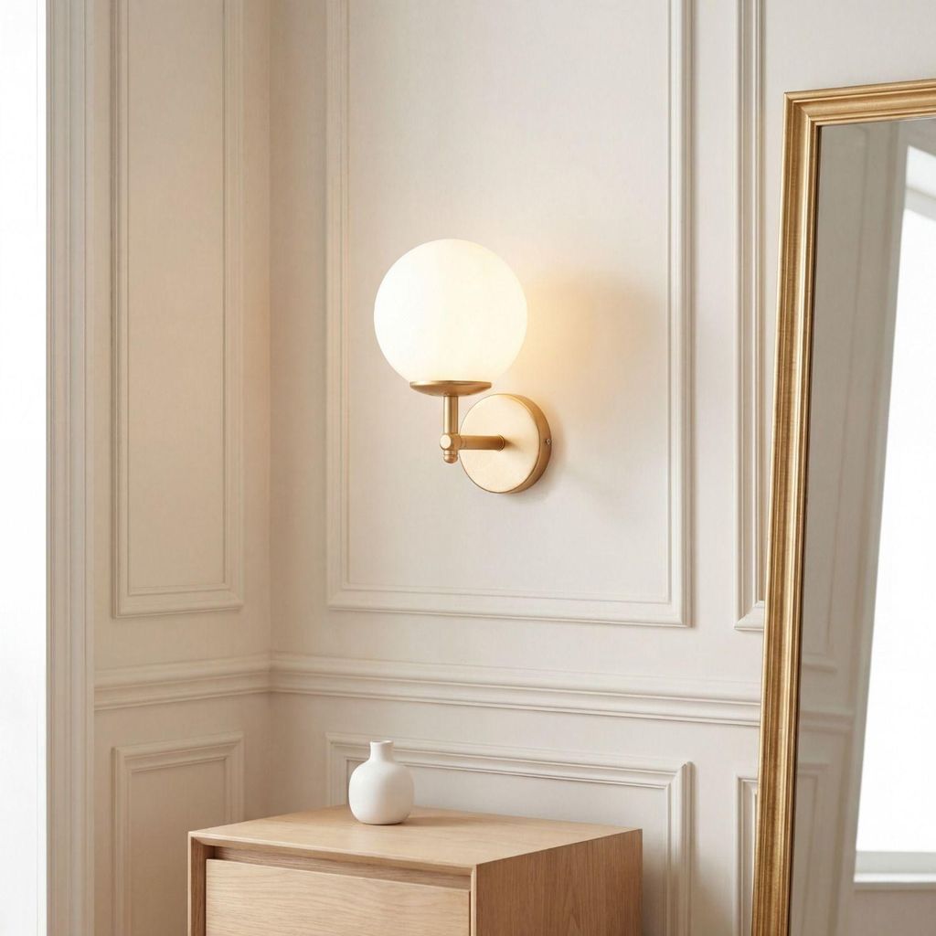 Wandleuchte Metall Glas E27 24 cm hoch in Gold Weiß Kugel Schirm Retro Wandlampe