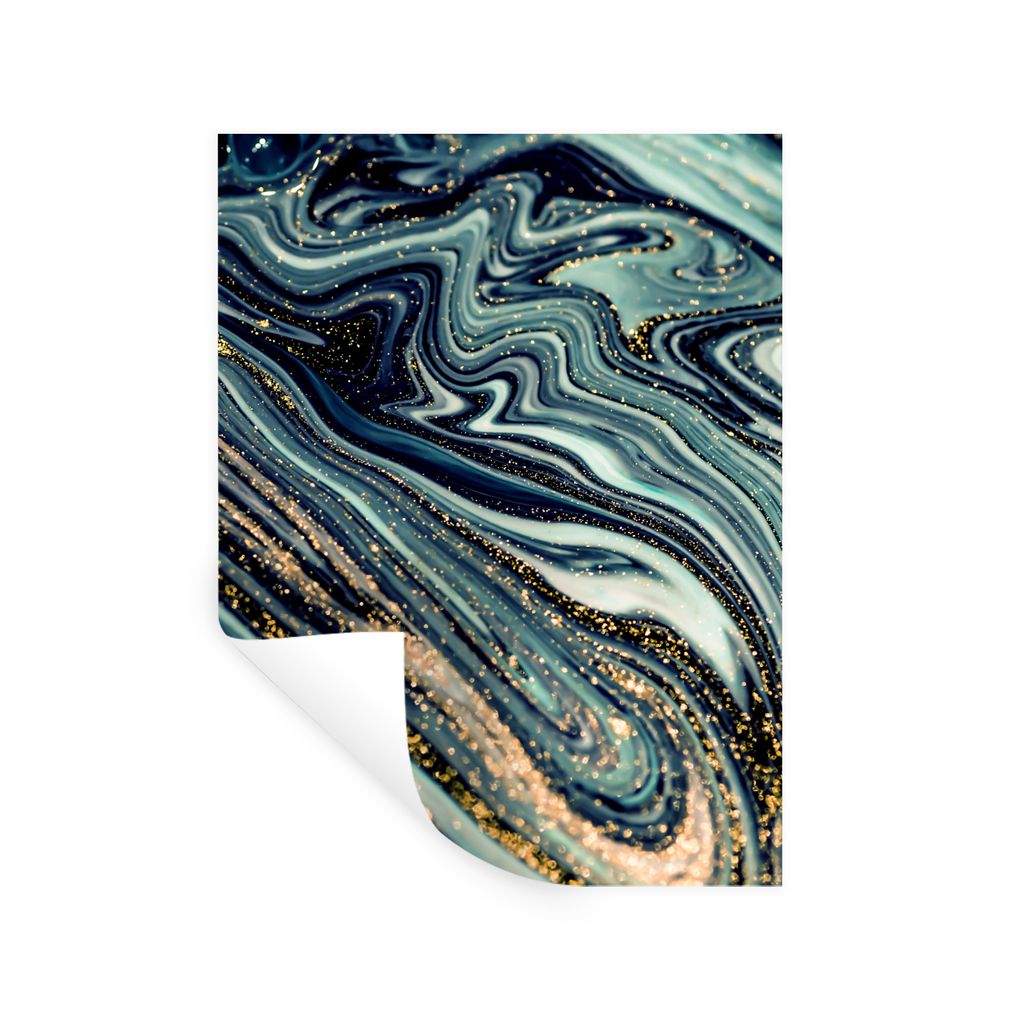 MuchoWow Wandtattoo Wandsticker Wandaufkleber Marmor - Gold - Blau - Glitter - Marmoroptik - Abstrakt 90x120 cm Selbstklebend und Repositionierba...