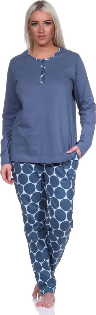 Eleganter Damen Schlafanzug langarm mit Pyjama Hose in Tupfen / Punkte Optik ; marine , 36/38
