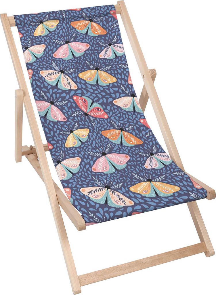 Dreamroots klappbar Holz, Buchenholz bis zu 130 kg, Sonnenliege klappbar mit 3-stufiger Neigungsregulierung der Rückenlehne, Butterflies Modern