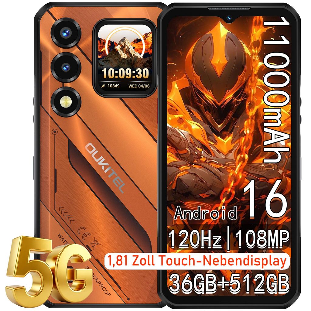 OUKITEL WP66 5G Handy Outdoor Smartphone Ohne Vertrag,11000mAh/33W 6,6'' FHD+ 120Hz+ 1,81'', Dimensity 7025 36+512GB 108MP IP68 Android 16 NFC,Orange