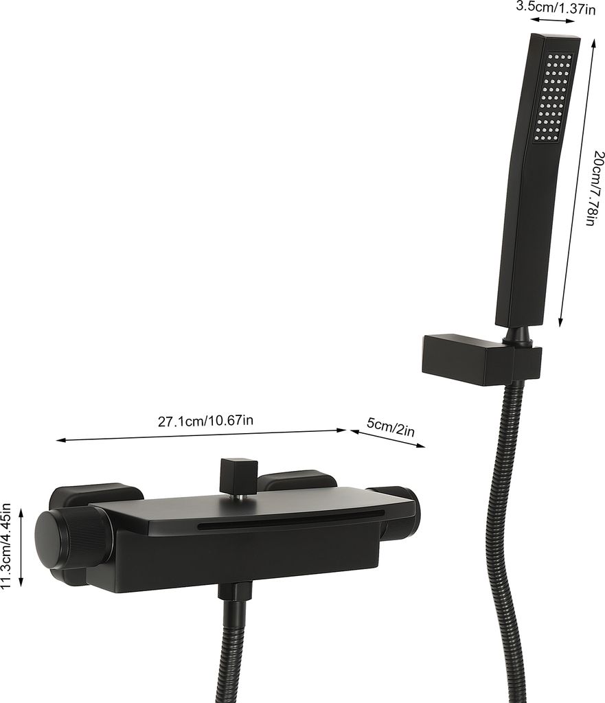 A black shower faucet set with dimensions shown.
