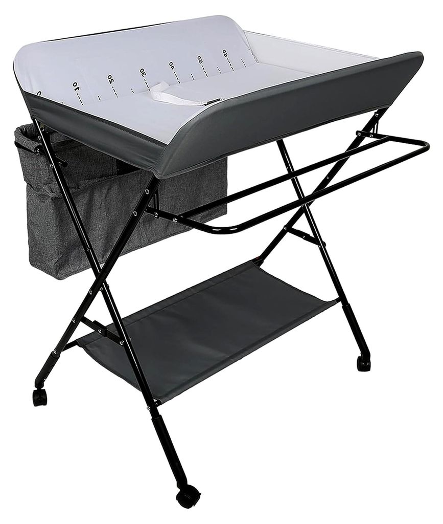 Baby Wickelkombi Wickelkommode, Mobile Wickeltisch Klappbar, mit Wickelauflage, Sicherheitsgurt, Höhenangabe und Großer Kapazität Ablagefächern...
