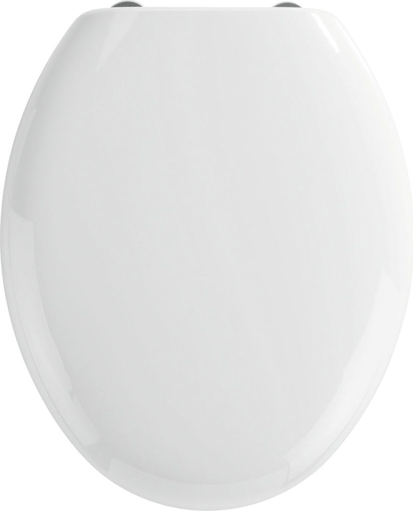 A top-down view of a closed white toilet seat.