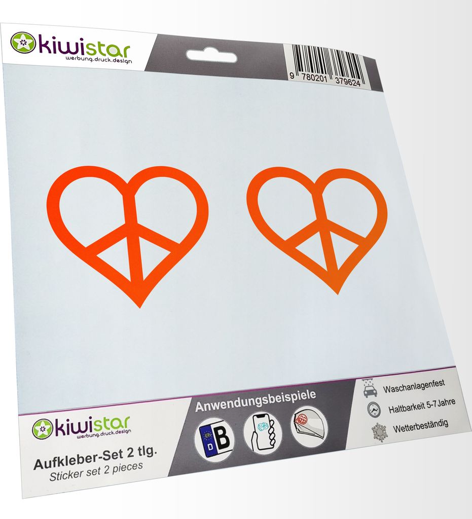 Kiwistar - 2x Kennzeichenaufkleber - neonorange - 21 mm Peace - Herz - Heart - Autoaufkleber - Aufkleber für Auto, Laptop, Fahrrad, LKW, Motorrad ...