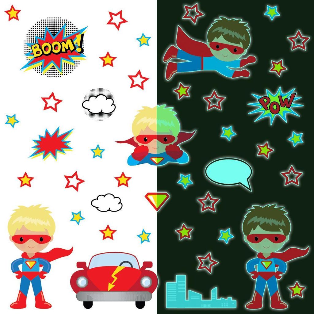 Leuchtsticker im Dunkeln – SUPERHELD – Fluoreszierender Wand-/Deckensticker für Kinder – 30 x 30 cm