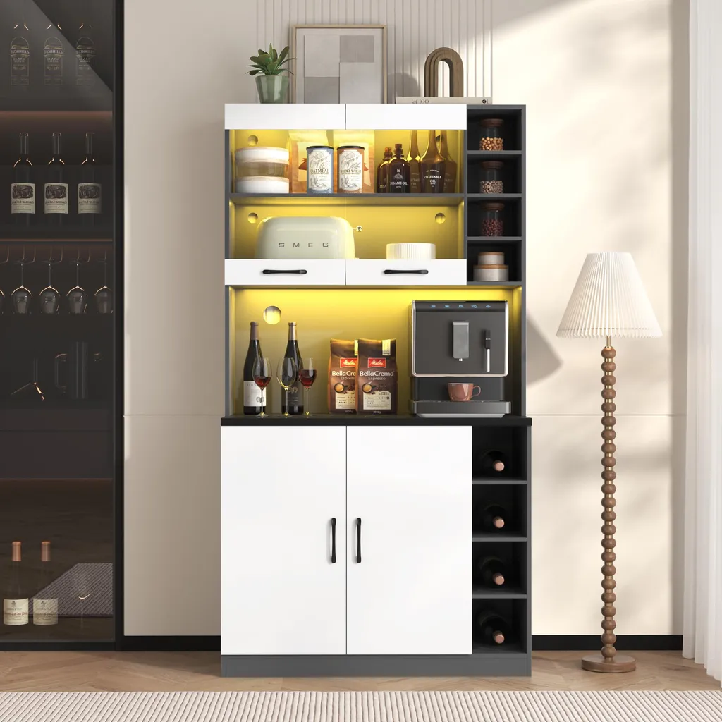 Armoire de cuisine LED 187cm avec étagères réglables et passe-câbles