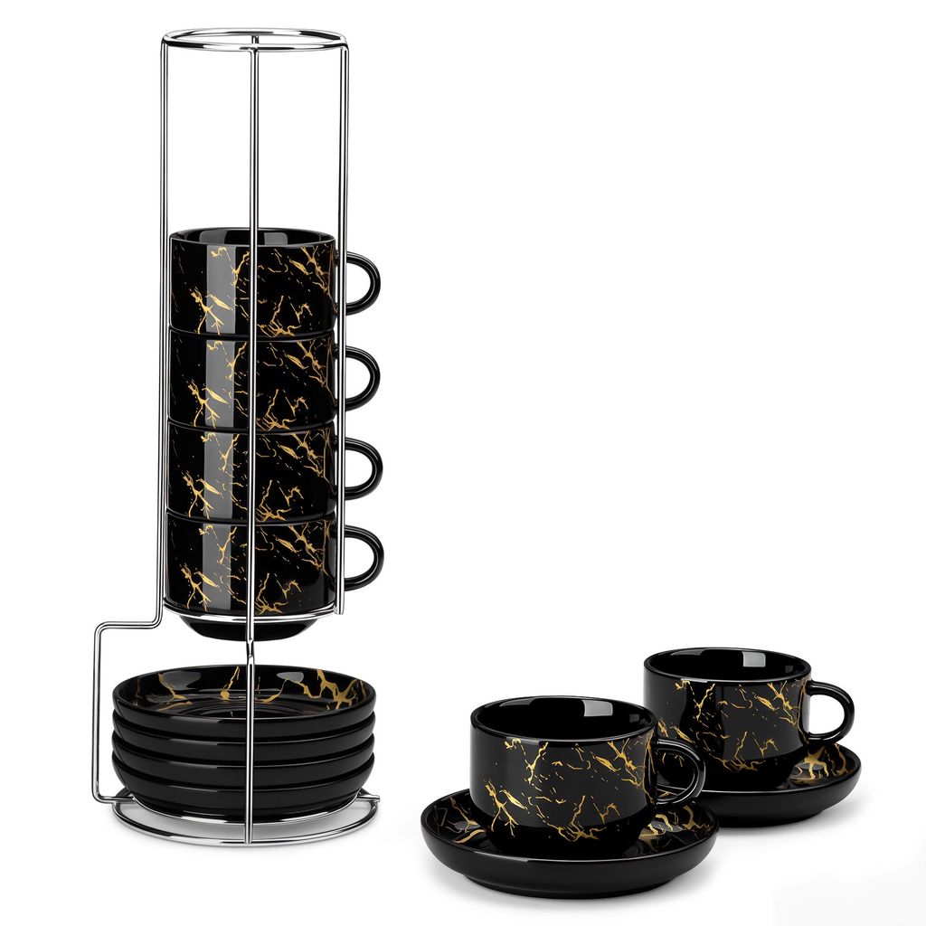 MALACASA 4-tlg Tassen Set, Porzellan Kaffeetasse Set, Becher mit Unterteller, Metallständer, 270ml, Schwarz