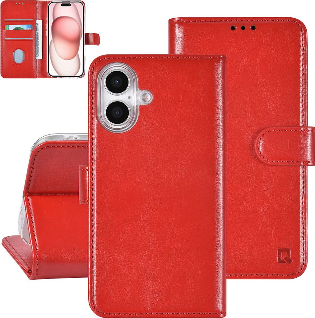 TUNIQ iPhone 16 Book type case - Card holder for 3 cards - Magnetic closure - Red