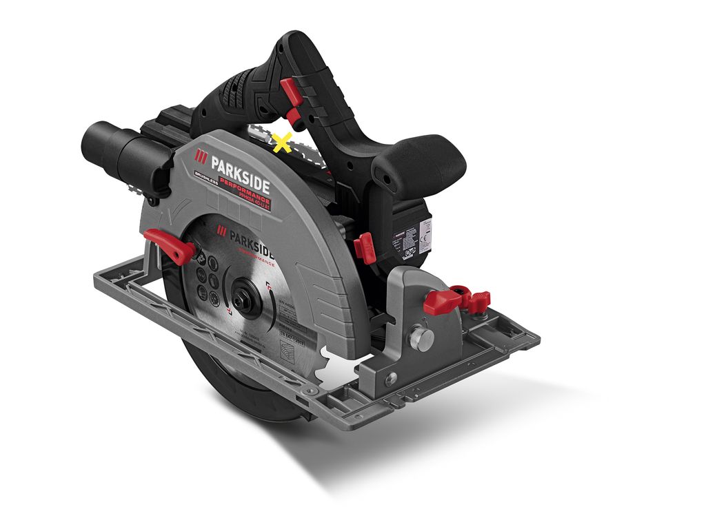 A cordless circular saw is shown from a three-quarter angle against a white background.