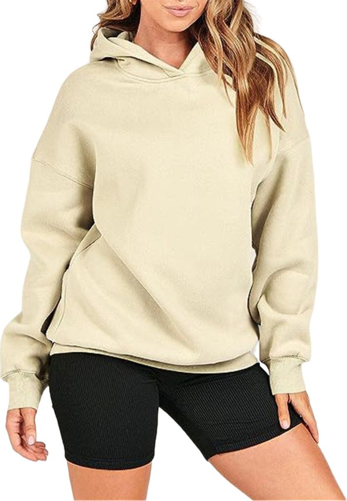 ASKSA Damen Kapuzenpullover Oversized Hoodies Fleece Sweatshirt Langarm Einfarbig Pullover Winter, Aprikose, 2XL