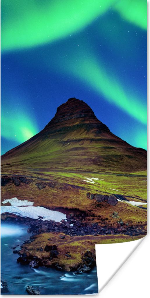 MuchoWow Poster Nordlicht - Sternenhimmel - Island - Berg - Grün - Wasserfall - See 80x160 cm - Kinderzimmer