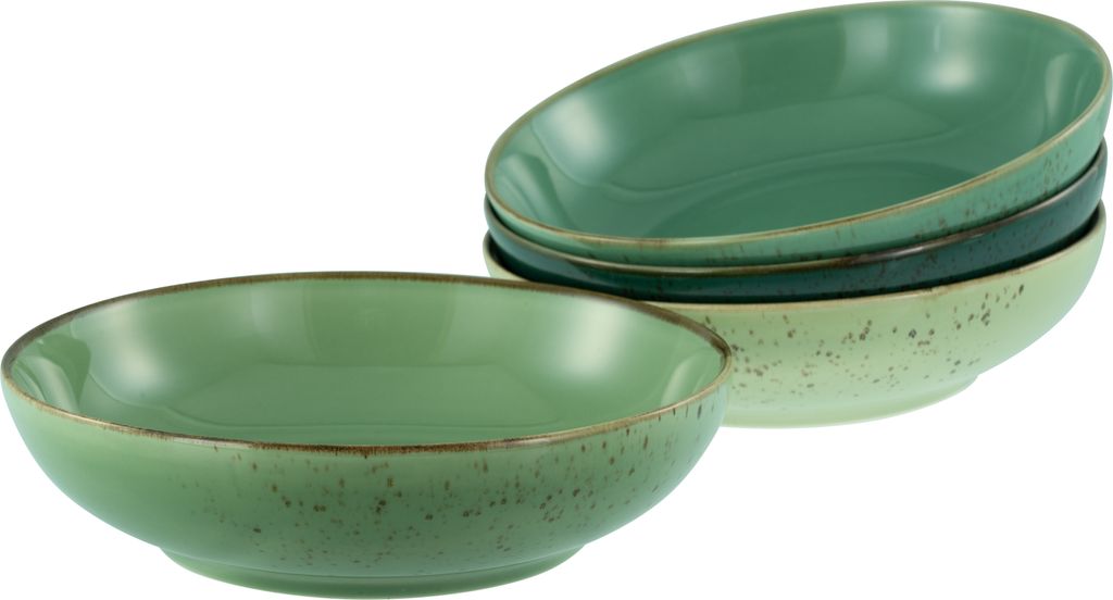 A stack of green ceramic bowls with speckled detailing.