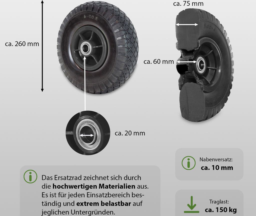 2x Sackkarrenrad Vollgummi 260x85 mm 3.00-4 60mm Nabenlänge Produktbild 3