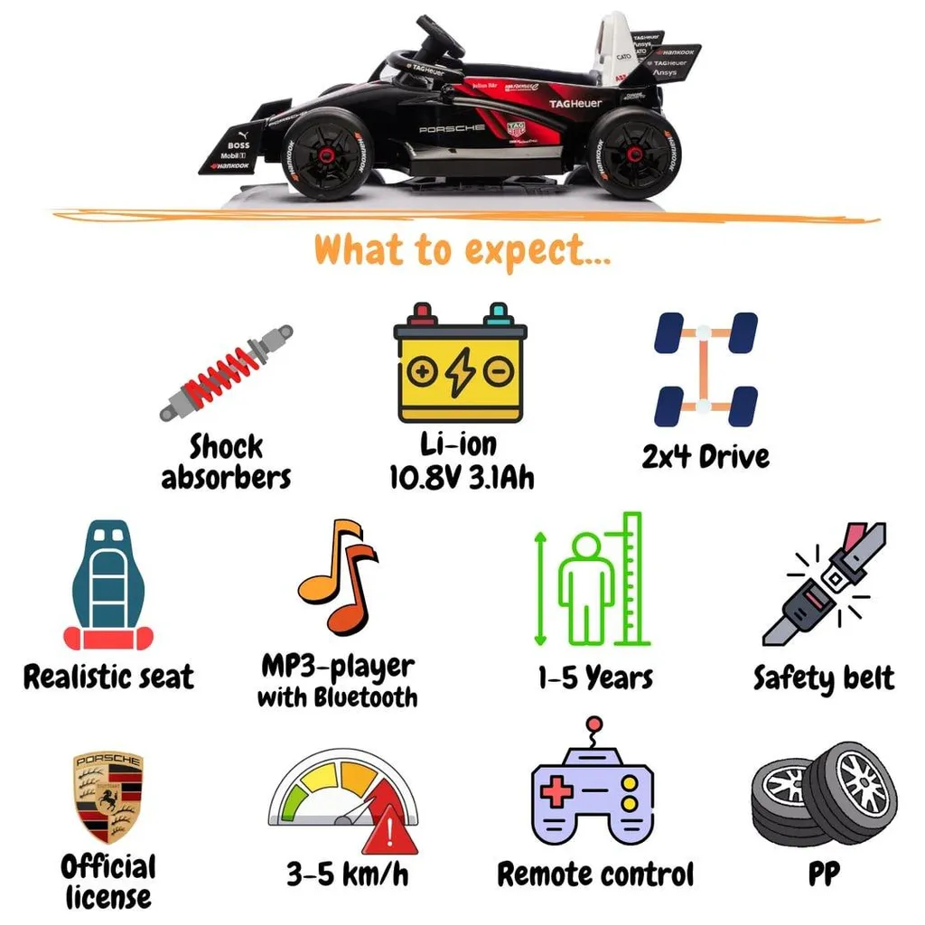 Porsche Formule E 12V noire : démarrage progressif, Bluetooth et commande parent - 3
