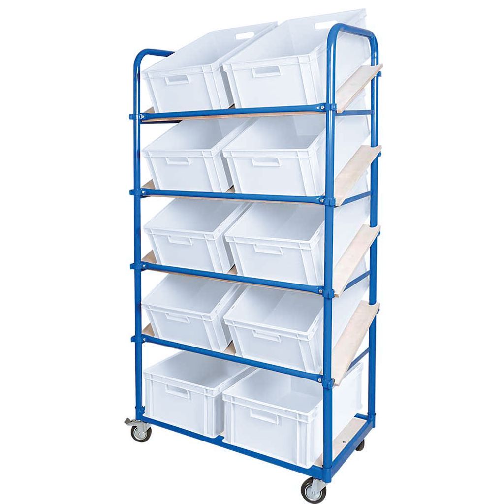 Schrägboden-Regalwagen mit 5 Ebenen, 4 Lenkrollen, bestückt mit 10 Euroboxen 600x400x220 mm weiß
