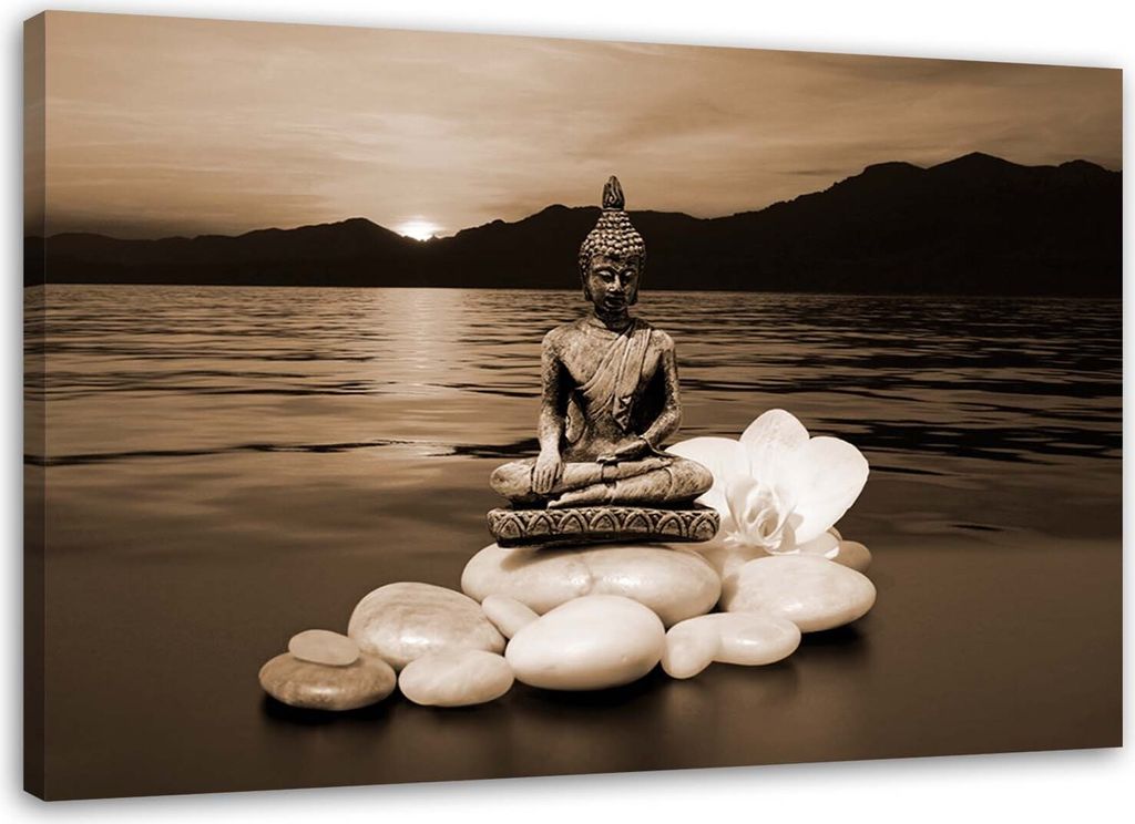 Leinwandbild buddha auf steinen braun 120x80 cm Feeby braun wandbild bereit zum aufhängen