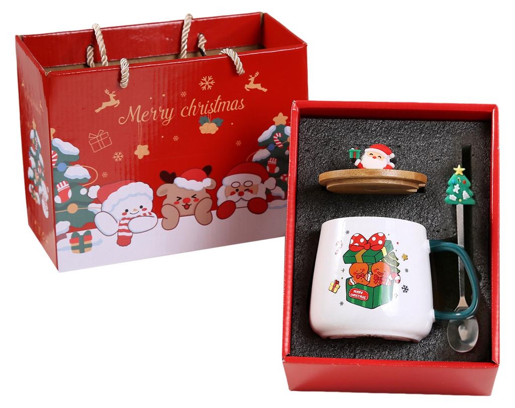 Weihnachtsgeschenkbecher mit Deckel, Löffel, Weihnachtsmann-Rentier-Motiv, Keramiktasse, hält Getränke warm, 400 ml, Souvenir-Kaffeetasse, Gesch...